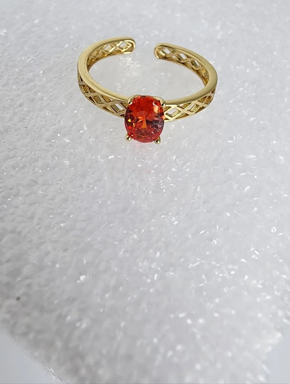 Gold Plated Adjustable Ring Red Ruby CZ Solitaire Statement Ring